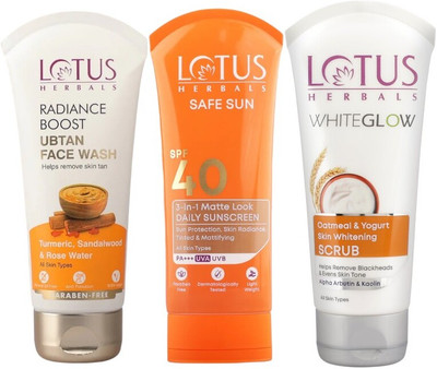 LOTUS HERBALS Radiance Boost Ubtan Facewash 100G, Oatmeal & Yogurt Scrub 100G & 3 In 1 Matte-Look Sunscreen SPF 40 PA+++ 75G(3 Items in the set) LOTUS HERBALS Radiance Boost Ubtan Facewash 100G, Oatmeal & Yogurt Scrub 100G & 3 In 1 Matte-Look Sunscreen SPF 40 PA+++ 75G(3 Items in the set)