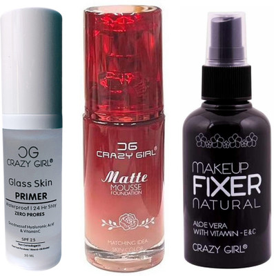 Crazy girl Waterproof Professional HD High Coverage Makeup Combo Set Primer With Matte Make Up HD Foundation Cream And Setting Fixer Spray(3 Items in the set)