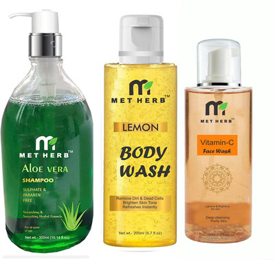 Metherb Aloe Vera Shampoo 300ml & Lemon Body Wash -200ml & Vitamin-c Face Wash -100ml (combo pack)(3 Items in the set)