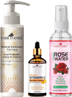 PARK DANIEL Dual Protection Sunscreen 100ml, Vit-C Booster Serum 30ml & Rose Water 100ml(3 Items in the set)