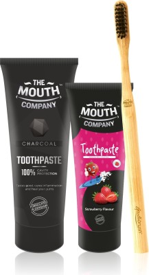 The Mouth Company Charcoal 75 gm Toothpaste and Strawberry 50gm Toothpaste Combo with Rounded Handle Bamboo Toothbrush(3 Items in the set)