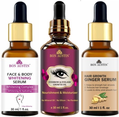 Bon Austin Face and Body Whitening Serum, Eyebrow Growth Oil & Hair Growth Serum (Combo Pack) Each, 30ml(3 Items in the set)