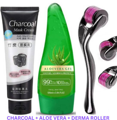 SIYDHA Charcoal Peel Off Mask For Clear Pores, Aloe Gel For Moisture, & Dermaroller For Skin Renewal(3 Items in the set)