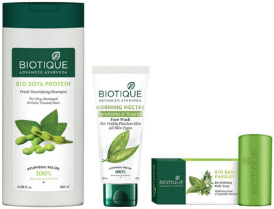 BIOTIQUE Soya Protien Shampoo 180ml & Morning Nectar F.W. 100ml & Basil & Parsley Soap 150gm(3 Items in the set)