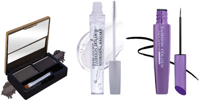 FASHION COLOUR Dual Eyebrow Powder Black & Transparent Waterproof Mascara & Big Eye Eyeliner Black Combo(3 Items in the set)