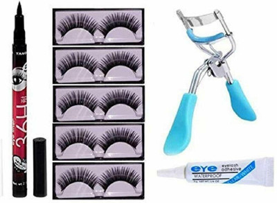 Lenon Best Combo for Eyelash (5 Pair Eyelash, Glue, curler & Eyeliner)(8 Items in the set)