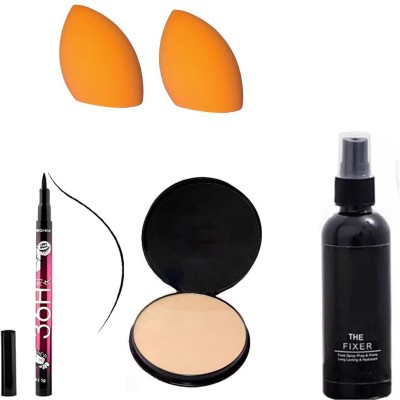 Cheeks glow Compact Powder, Eyeliner, Fixer Spray and 2 Sponge Puff(5 Items in the set)