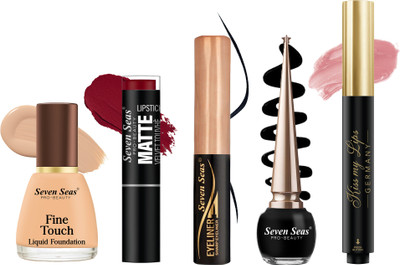 Seven Seas Festive Essential Makeup Combo with Foundation/Lipstick/Liquid Eyeliner/Sheer Lip Balm(pack of 5)(5 Items in the set)