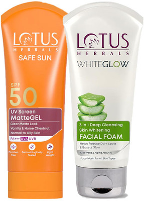 LOTUS HERBALS Safe Sun Mattegel Sunscreen SPF 50_100g and Whiteglow 3 in 1 Facial Foam 100g(2 Items in the set)