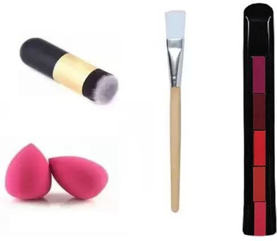 Lusty soul Combo of Black foundation Blush Brush with 2 puff And Face Pack Brush and 5 in 1 long lasting matte Lipstick(5 Items in the set)