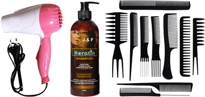 J & F 10 Pcs Comb, Keratin Shampoo & Mini Hair Dryer(3 Items in the set)