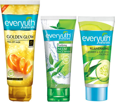 Everyuth Naturals Golden Glow Peel off Mask (100g) Neem Face Wash (50g) Cucumber & Aloevera Face Pack (50g)(3 Items in the set)