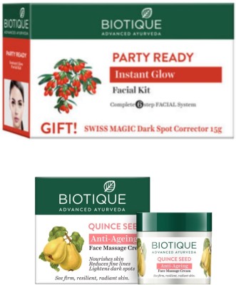 BIOTIQUE Party Ready Facial Kit 65g & Quince Seed Face Massage Cream 50g(2 Items in the set)