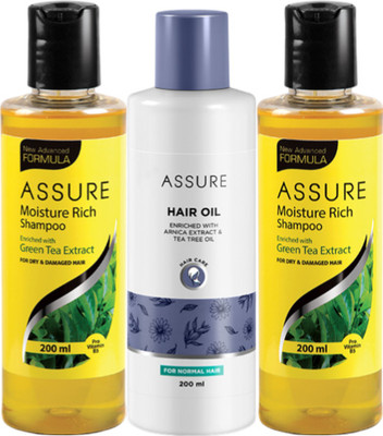 ASSURE Moisture Rich Shampoo Enriched with Green Tea Extract (for dry & damaged hair) 400ml & Hair Oil 200ml combo of 3(3 Items in the set)