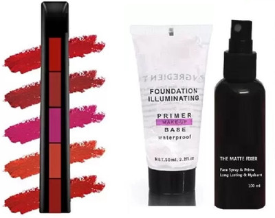 AMOSFIA Most Beautiful Trending makeup fixer And Gel face primer With Matte finish lipstick(3 Items in the set)