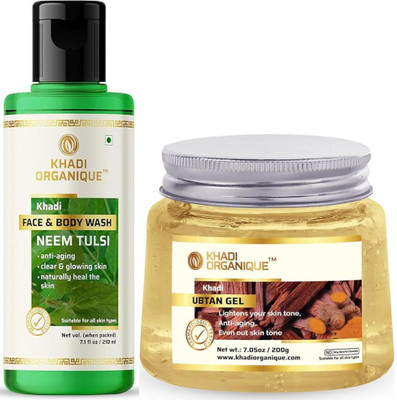 khadi ORGANIQUE Aloe Vera Ubtan Moisturizing Gel & Neem Tulsi Face & Body Wash : Nourishing Skincare Duo for Hydration and Purification(2 Items in the set)