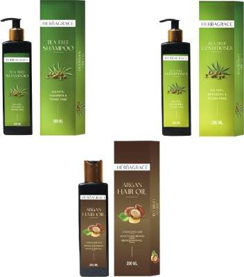 HERBAGRACE Hair Care Kit by Herba Grace Includes Moroccan Argan Oil 200ml, Tea Tree Shampoo 200ml and Tea Tree Conditioner 200ml(3 Items in the set)