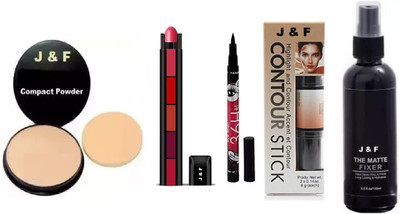 J & F Face Compact Powder,5 in 1 Red Lipstick,Eyeliner,Contour Stick,Fixer Spray(5 Items in the set)
