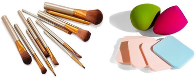 ROODILES 12 Golden Makeup Brushes with Storage Box & 6in1 Puff Sponges Set – Complete Beauty Kit(18 Items in the set)