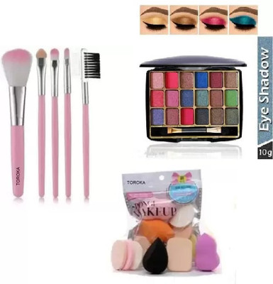 toroka Mini Eyeshadow With 5 pcs Pink Brushes And 6 Different Puff(3 Items in the set)