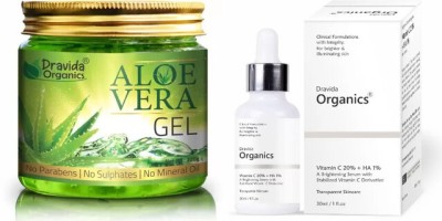 Dravida Organics Pure Aloe Vera Gel (220 Gram) + Vitamin C Serum for Natural Glowing Beauty (30 ml)(2 Items in the set)