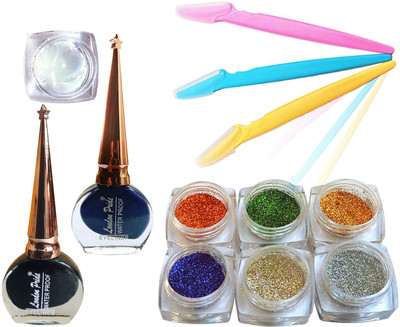 vizo Eyeshadow glitter in 6 trendy color + 2 waterproof eyeliner + 3 body razor(12 Items in the set)