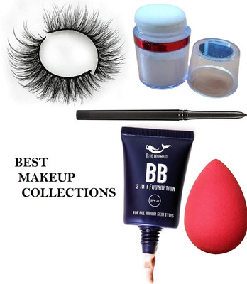 SEUNG PROFESSIONAL FALSE EYELASHES WITH SPONGE & FOUNDATION & KAJAL & HIGHLIGHTER(5 Items in the set)