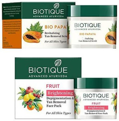 BIOTIQUE Bio Fruit Whitening And Depigmentation & Tan Removal Face Pack, 75g And Bio Papaya Revitalizing Tan Removal Scrub, 75g(2 Items in the set)