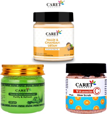 Caret Organic Haldi & Chandan Ubtan Face Pack And Aloevera Neem & Tulsi Gel & Vitamin C Scrub(3 Items in the set)