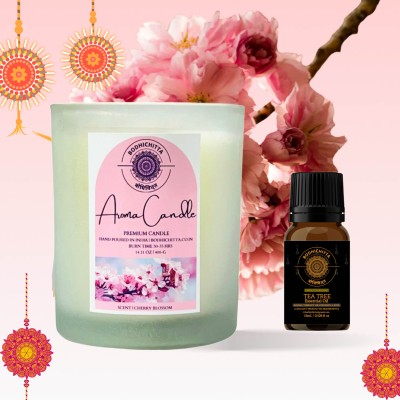 Bodhichitta Cherry Blossom Soy Wax Candle 400gm & Tea Tree Essential oil 15ml Combo Pack for Raksha Bandhan Gifts | Gift Pack(2 Items in the set)