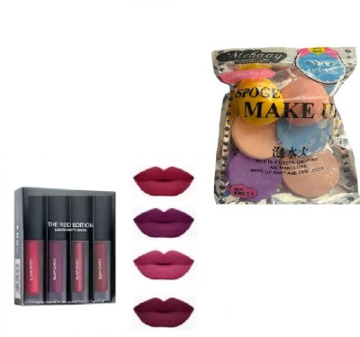 Mehaay cosmetics Waterproof Liquid Matte Mini Lipstick Combo Pack Of 4::Sponge 5(9 Items in the set)