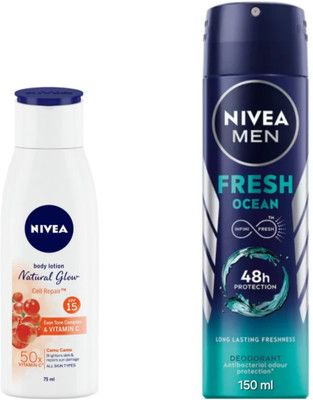 NIVEA Natural Glow Cell Repair Lotion - 75ml & Fresh Ocean Deodorant - 150ml(2 Items in the set)