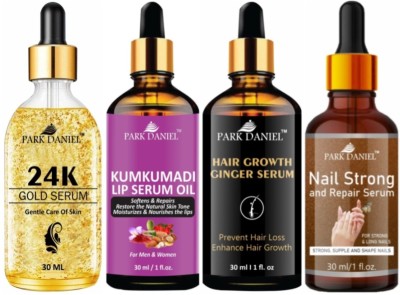 PARK DANIEL 24K Gold Serum & Kumkumadi Lip Serum Oil & Nail Repair Serum & Hair Growth Serum (Each, 30ml)(4 Items in the set)