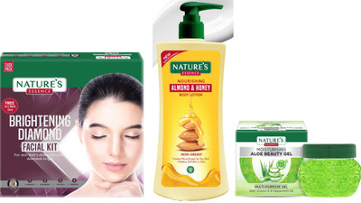 Nature's Brightening Diamond Facial Kit (60g) Nourishing Almond & Honey Body Lotion (400ml) Moisturising Aloe Beauty Gel (100g)(3 Items in the set)