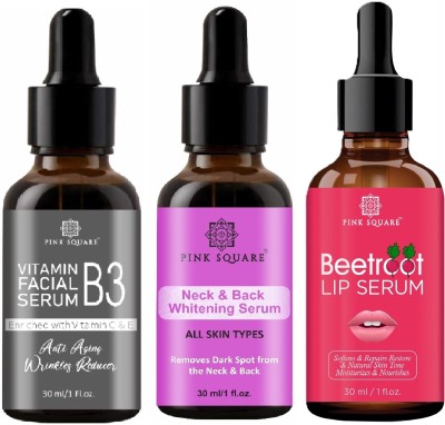 Pink Square Vitamin B3 Serum, Neck-Back Whitening Serum & Beetroot Lip Serum (Each,30ml)(3 Items in the set)