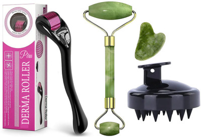 Piru Derma Roller for Hair & Skin+Scalp Massager Brush+Jade Roller for Face – Combo Pack(3 Items in the set)