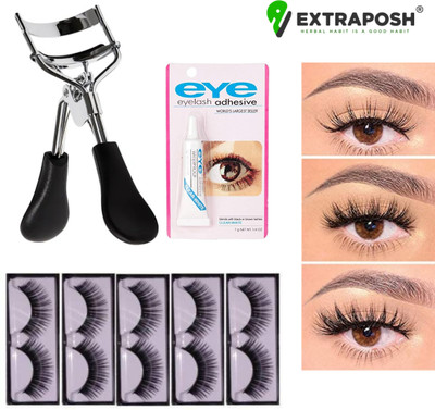 Extraposh 3D long and Natural Effect, Handmade Comfortable & soft False Eyelashes, Eye Glue , Eyelash Curling Lashes Makeup Tool for Women(3 Items in the set)