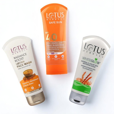 LOTUS HERBALS Radiance Boost Ubtan Facewash 100G, Oatmeal & Yogurt Scrub 100G with Safe Sun 3 In 1 Matte-Look Daily Sunscreen SPF 40 PA+++ 75G(3 Items in the set)