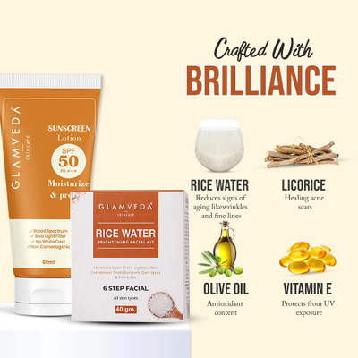 GLAMVEDA Rice Water Brightening Facial Kit & hybrid Sunscreen Combo For Briightening , Tan(2 Items in the set)