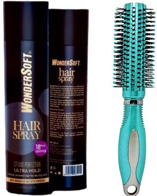 Wondersoft Hair Spray Ultra Hard No Residue No Stickiness 18hrs Lasting Hair Spray With Soft Bristles Roller Comb(2 Items in the set)