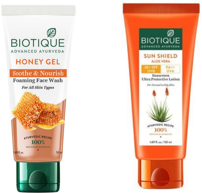 BIOTIQUE Honey Gel Face Wash 50 ML & Aloe Vera Sunscreen 50ML(2 Items in the set)