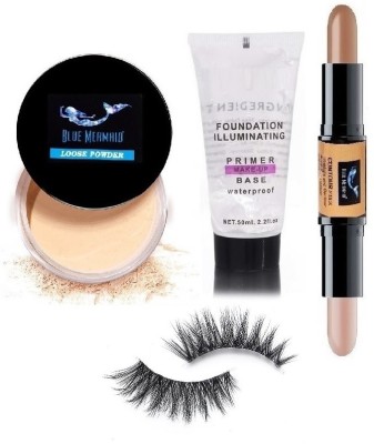 BLUEMERMAID LONG LASTING 3D EYELASHES CONTOUR STICK LOOSE POWDER & TUBE PRIMER BEST COMBO KIT(4 Items in the set)