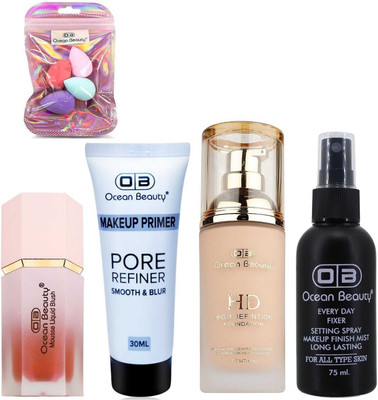 OCEAN BEAUTY Waterproof HD Blusher Primer Foundation Makeup Setting Fixer And Blender Combo Kit Pack Set For Dry Oily Dark Dusky Skin Tone(5 Items in the set)