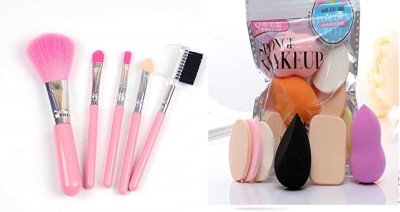 Aneesho Girls Face Makeup 5 Piece brush pink +6Beauty Sponge Combo set(11 Items in the set)