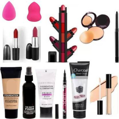 DAIMANPU 13 items makeup combo primer fixer foundation compact charcoal eyeliner lipstick puff(13 Items in the set)
