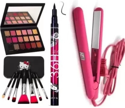 wryak Rose Gold Remastered Eye Shadow & Mini Straightener & 36 Hour Eyeliner & Make Up Brushes Pack Of 7 (4 Items in the set)(5 Items in the set)