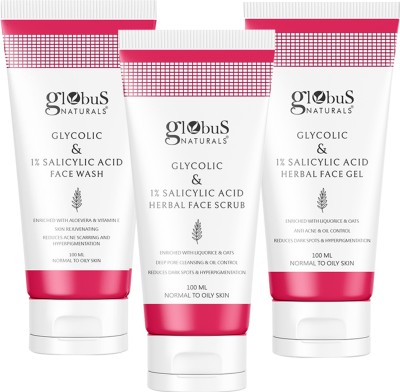 Globus Naturals Pimple Clear Glycolic Face Care Combo- Face Wash, Face Scrub & Face Gel(3 Items in the set)