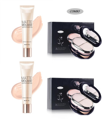 Luipui Premium Matte Mousse Liquid Foundation & 5 in 1 Shining Luster Compact Powder / Waterproof, Lightweight(4 Items in the set)