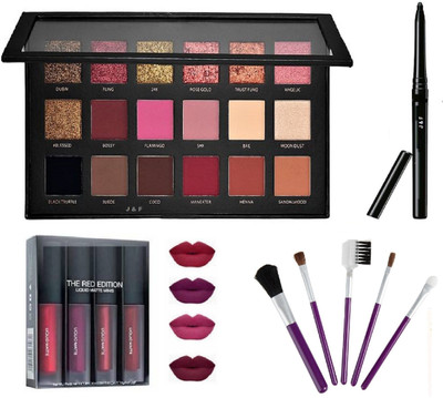 J & F Rose Gold Eyeshadow Palette with 5 Pc Makeup Brush , 4 in 1 Matte Red Edition Lipstick & Black kajal(4 Items in the set)