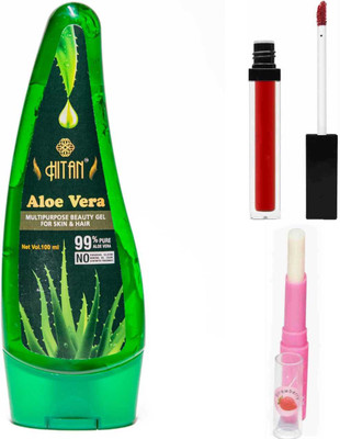 HITAN COMBO OF ALOE VERA GEL WITH RED LIQUID LIPSTICK AND PINK MAGIC LIPSTICK(3 Items in the set)